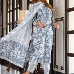 KALINI Women Floral Printed Regular Pure Cotton Kurta with Trousers & With Dupatta image 3
