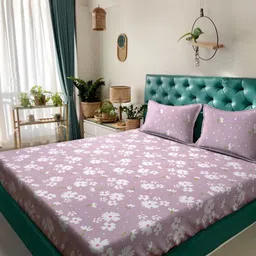 Myntra Elegant Homes Purple & White Floral 300 TC King Bedsheet with 2 Pillow Covers-image-83