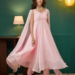 TextileNow Empire V-Neck Sequinned Georgette Anarkali Kurta With Trousers And Dupatta-picture-18