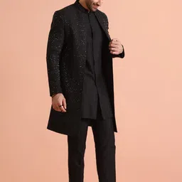 KISAH Men Black Embellished Mid Kurta Indowestern Sherwani Trouser Set image 5