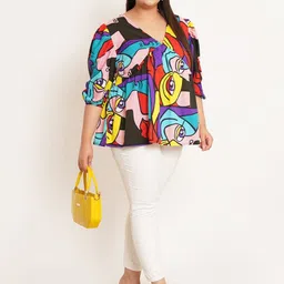 U&F Beyond Women Plus Size Abstract Printed Puff Sleeve Crepe Empire Top-image-29