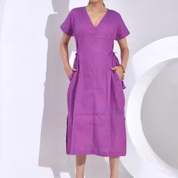 SIDDHO HUM Women Solid V Neck Cotton A-Line Midi Dress-picture-23