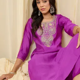 Indo Era Embroidered Round Neck Top With Trousers Co-Ords image 4