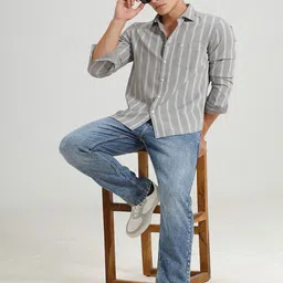 Basics Men India Slim Fit Vertical Striped Spread Collar Cotton Casual Shirt-picture-42