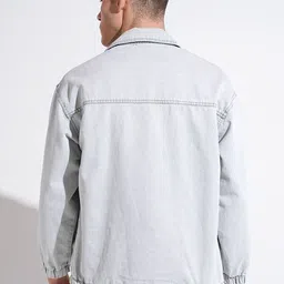 SHOWOFFFF Men Spread Collar Typography Printed Lightweight Denim Jacket image 5