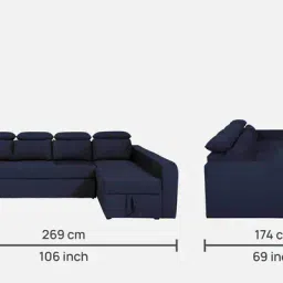 casacraft from pepperfry Galleria Fabric LHS Pull-Out Sofa Cum Bed in Navy Blue Colour with Storage image 2