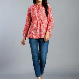 BAESD Women Floral Printed Mandarin Collar Puff Sleeves Cotton Top-picture-32