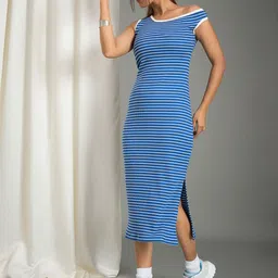WineRed Striped Ribbed Slit Bodycon Midi Dress-picture-12