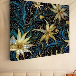 SAF Navy Blue & Beige 1 Piece Canvas Floral and Botanical Wall Paintings image 3