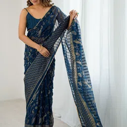 KALINI Ethnic Motifs Zari Poly Georgette Block Print Saree image 4