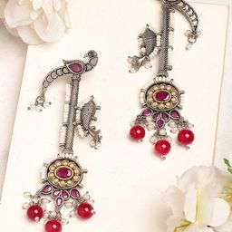 KARATCART Silver-Plated Kundan Studded Peacock Design Tribal Drop Earrings-picture-1