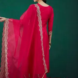 KALINI Women Ethnic Motifs Embroidered Regular Thread Work Chanderi Silk Kurta with Trousers & With Dupatta image 2