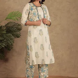 Aramya Floral Printed Round Neck Pure Cotton Kurta With Trousers & Jacket image 2