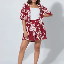 DressBerry Floral Printed V-Neck Linen Shrug With Shorts-picture-35