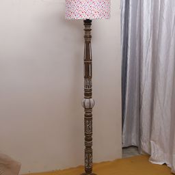 Devansh White Printed Cotton Drum Wooden Floor Lamp-picture-10