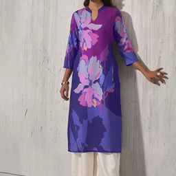 Anouk Blue Abstract Printed V-Neck Straight Kurta image 4