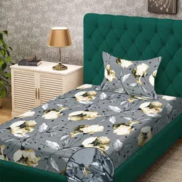 KLOTTHE Grey Floral Polycotton Single Bedsheets-image-0