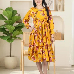Cutiekins Girls Floral Printed Puff Sleeve Ruffled Fit & Flare Midi Dress-picture-22