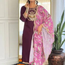 HERE&NOW Women Floral Embroidered Regular Thread Work Kurta with Trousers & With Dupatta-picture-19