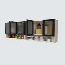 specialitypanels Aluminium Black Profile 6 Fluted Glass handless shutter with Space Organizer in Highland Pine Finish image 4