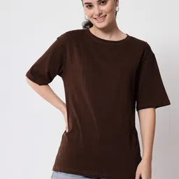 funday fashion Women Solid Round Neck Cotton Blend Brown T-Shirt-picture-15