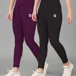 poojaran Solid Women Purple, Black Tights image 3