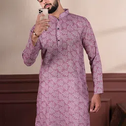 Koshin Floral Printed Linen Mandarin Collar Straight Kurta With Pyjamas-picture-10