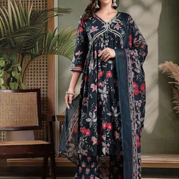 HERE&NOW Women Ethnic Motifs Printed Pleated Pure Cotton Kurta & Trousers With Dupatta-picture-4
