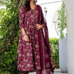 Blackoont Women Ethnic Motifs Printed Pure Cotton Anarkali Kurta with Trousers & Dupatta image 4