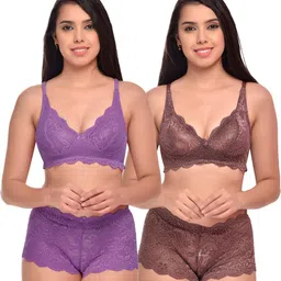 Women Purple,Maroon Net Bra Panty Set for Lingerie Set Undergarments Pack of 2-image-90