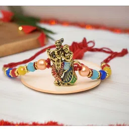 MEIRA JEWELLERY Set Of 3 Beaded Radha Krishna Rakhi Comes with Roli Chawal & Greeting Card image 4