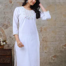 AUZAAI COLLECTION Floral Yoke Design Thread Work Pure Cotton Straight Kurta-picture-15