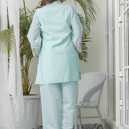 Sangria Floral & Swan Embroidered Shirt Collar Roman Silk Tunic With Trousers image 4