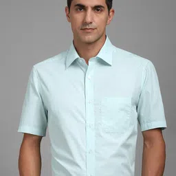 Louis Philippe Micro Checks Textured Spread Collar Short Sleeves Cotton Shirt-image-3