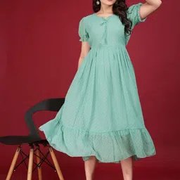 QENA Polka Dot Print Puff Sleeve Georgette Fit & Flare Midi Dress-picture-49