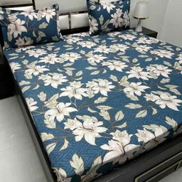 Pure Decor Blue & White Floral Queen Bedsheet with 2 Pillow Covers-picture-22