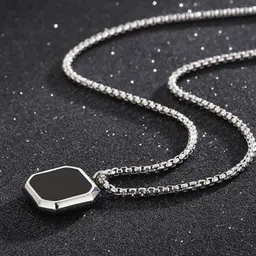P. R. PRINTS Men Silver-Plated Stone Studded Square Pendant With Chain-picture-14