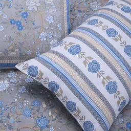 SHAHENAZ Blue & Grey Floral Cotton 120 TC Queen Bedsheet with 2 Pillow Covers image 5