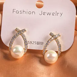 PolluxCraft Korean Gold-Plated Zircon Studded & Pearls Beaded Contemporary Drop Earrings-image-19