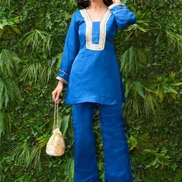 Akaya Floral Yoke Design Grace V-Neck Long Sleeves Linen Silk unic With Trousers image 2