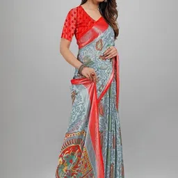GHAN SALS Ethnic Motifs Woven Design Zari Baluchari Saree with Blouse Piece image 3