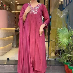 TWINS LADY Floral Embroidered Chanderi Cotton V-Neck A-Line Kurta With Palazzos & Dupatta image 3