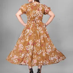 QENA Women Floral Printed Tie-Up Neck Puff Sleeve Tiered Fit & Flare Midi Dress image 5