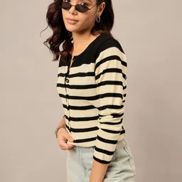 The Roadster Lifestyle Co Striped Long Sleeve Cardigan Sweaters-image-19