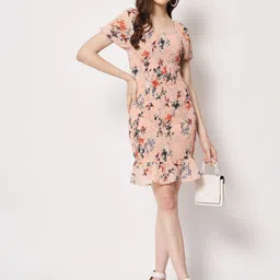 CORSICA Women Floral Print Smocked Bodycon Above Knee Dress image 3