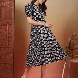 Indibelle Women Abstract Puff Sleeves Print A-Line Midi Dress image 5