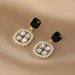 DIVASTRI Gold Plated American Diamond Studded Square Korean Drop Earrings image 2
