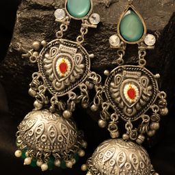 PANASH Silver-Plated Stones Studded And Beaded Contemporary Oxidised Drop Earrings-picture-13