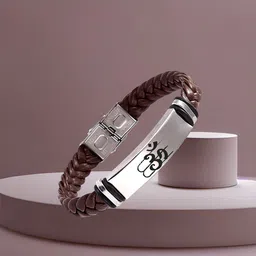 M Men Style Men Leather Silver-Plated Om Namah Shivay Braided Wraparound Bracelet-picture-52