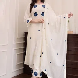 SHREE LAXMINARAYAN EXPORT Floral Embroidered Art Silk Kurta With Trousers & Dupatta image 3